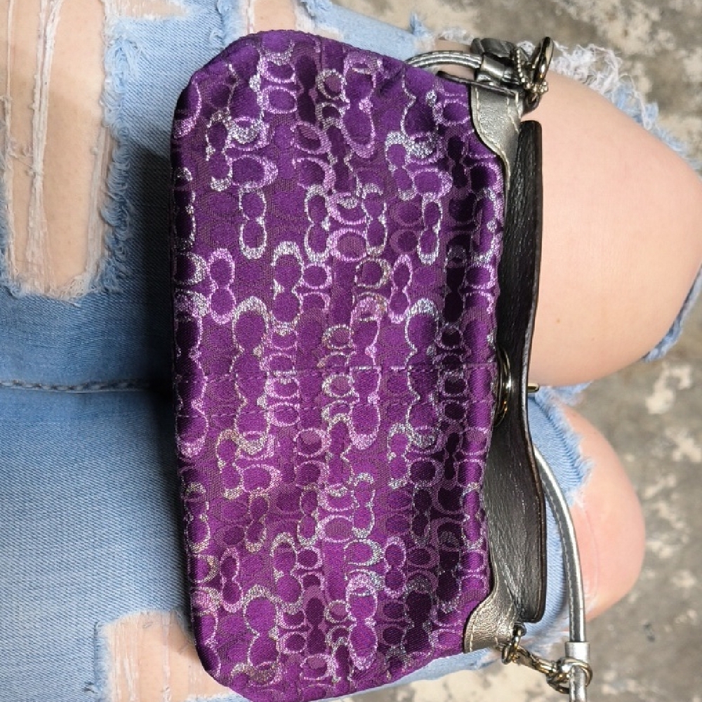 Coach Purple Signature Jacquard Wristlet Clutch with Silver Accents